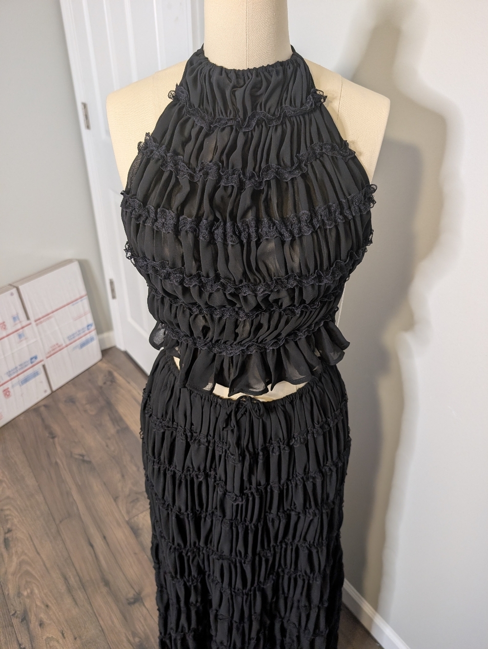 Mable Black Smocked Halter Crop Top & Maxi Skirt Set Size Medium - Picture 4 of 10